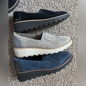 Clarks women Slip-on loafer Shoes - Black, Gray, Blue all 3 pairs 7.5